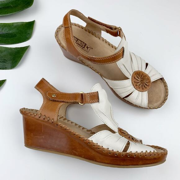 Pikolinos Wedge Sandals Brown White Leather Strappy Boho Women's 37 US 6.5 7 - Picture 1 of 12